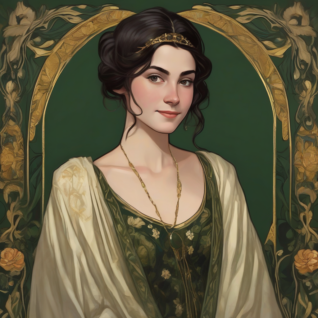 portrait of a 25 year old noble smiling dark haired wise woman with dark skin tone in royal green dress by मुफ्त एआई छवि जनरेटर - बिना लॉगिन के✨ | AIGAZOU