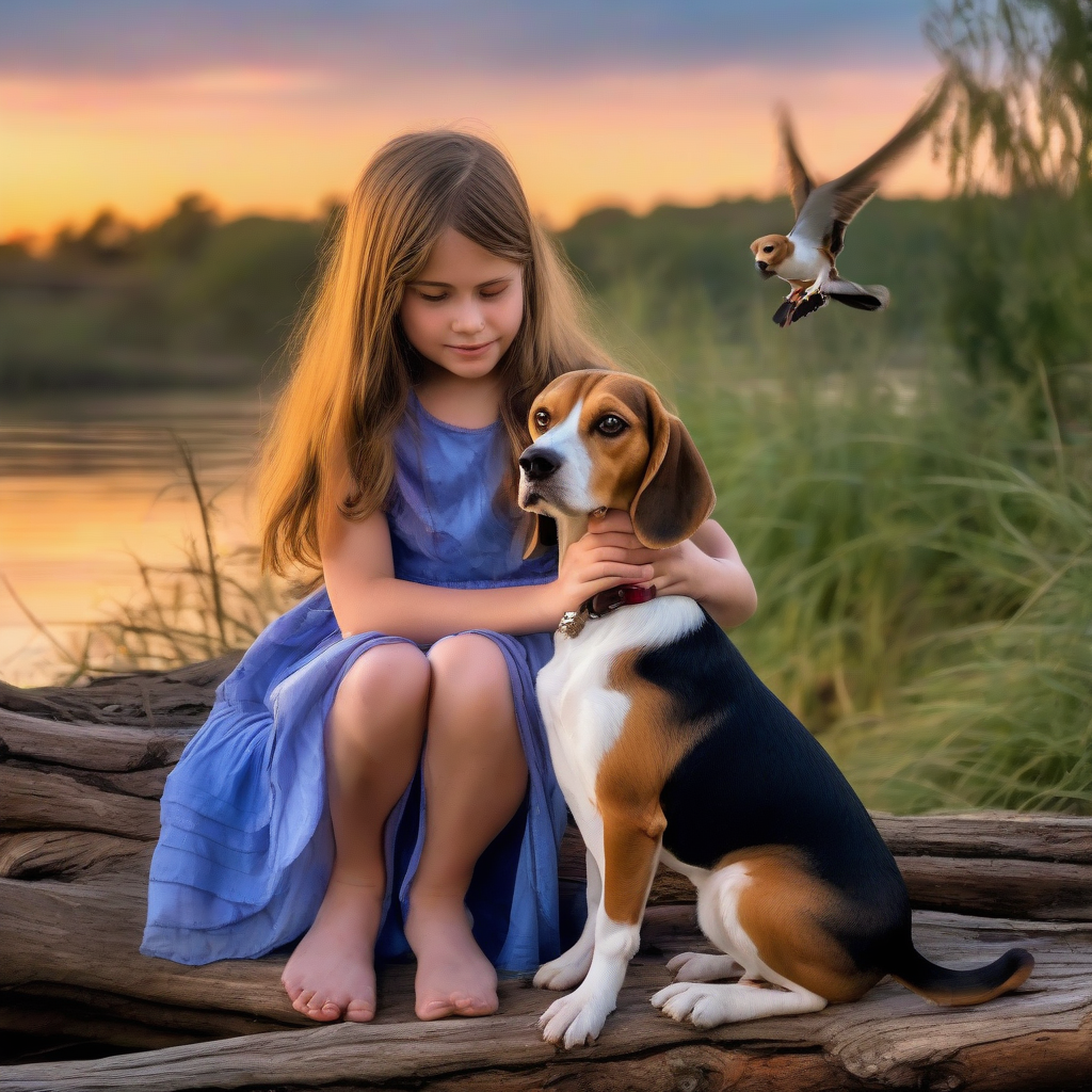 small beagle sitting on a log with an 11 year old girl by मुफ्त एआई छवि जनरेटर - बिना लॉगिन के✨ | AIGAZOU