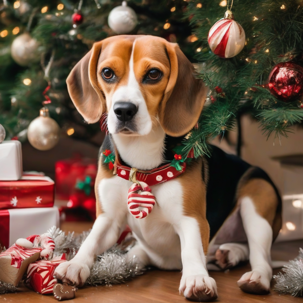 a beautiful beagle under a decorated christmas tree by मुफ्त एआई छवि जनरेटर - बिना लॉगिन के✨ | AIGAZOU