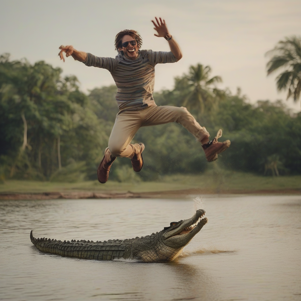 person jumping on a crocodile by मुफ्त एआई छवि जनरेटर - बिना लॉगिन के✨ | AIGAZOU