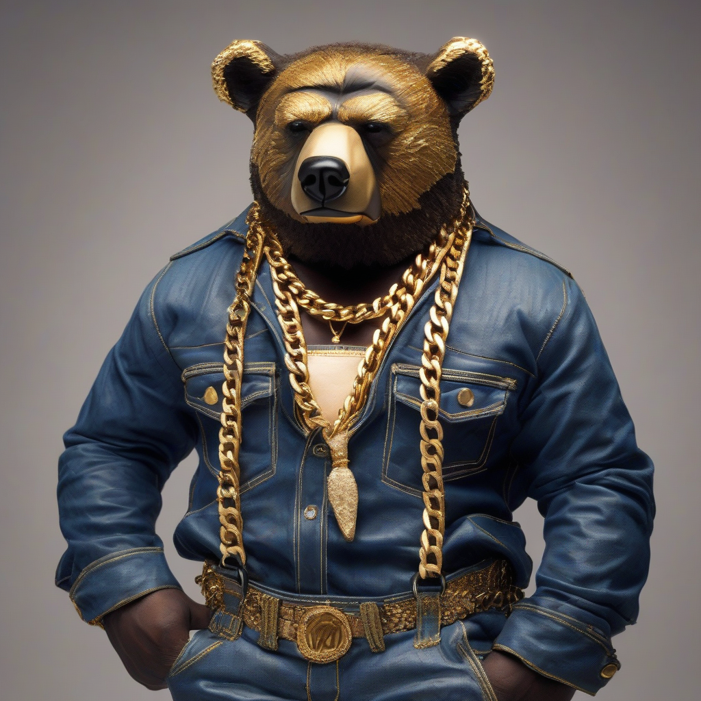 a bear resembling mister t with gold chains and overalls by 免费AI图像生成工具 | AIGAZOU