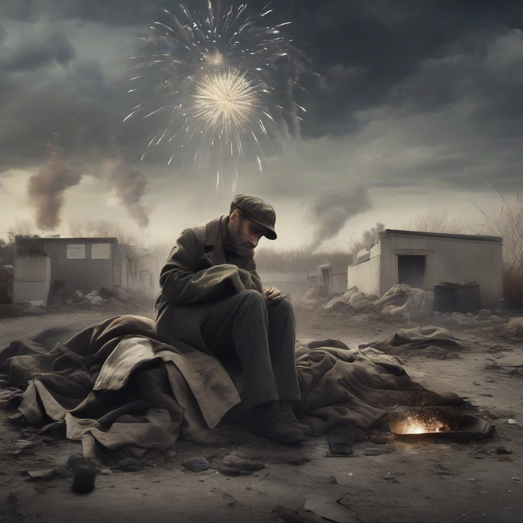 man homeless trench war torn clothes trench girl fireworks sky by Free AI Image Generator & Maker - No login required✨ | AIGAZOU