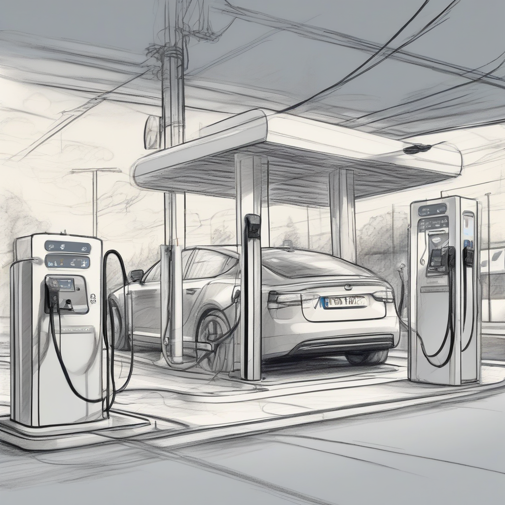 comic sketch charging at electric charging station by मुफ्त एआई छवि जनरेटर - बिना लॉगिन के✨ | AIGAZOU