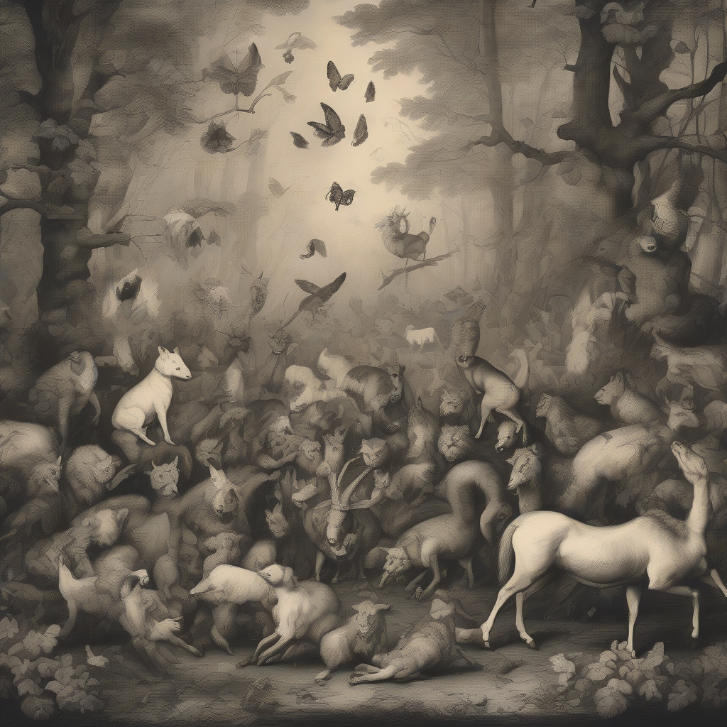 surreal rembrandt style image with dancing animals in forest by मुफ्त एआई छवि जनरेटर - बिना लॉगिन के✨ | AIGAZOU