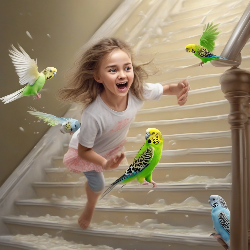 girl runs scared down stairs with budgies by मुफ्त एआई छवि जनरेटर - बिना लॉगिन के✨ | AIGAZOU