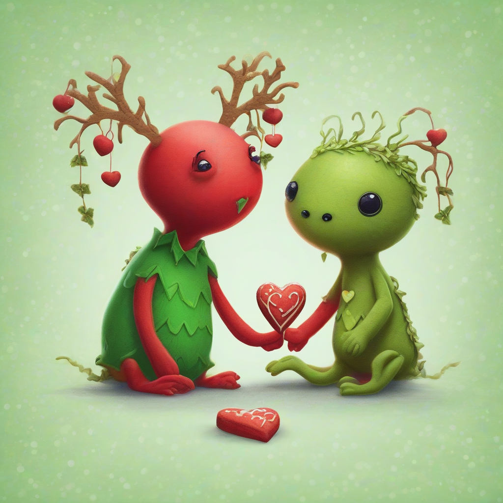 a red creature gives a green creature a gingerbread heart as an apology under a mistletoe branch by मुफ्त एआई छवि जनरेटर - बिना लॉगिन के✨ | AIGAZOU