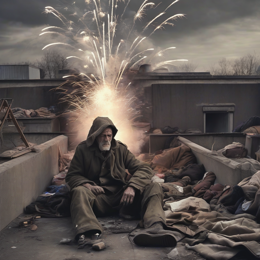 man homeless trench war torn clothing trench fireworks sky by मुफ्त एआई छवि जनरेटर - बिना लॉगिन के✨ | AIGAZOU