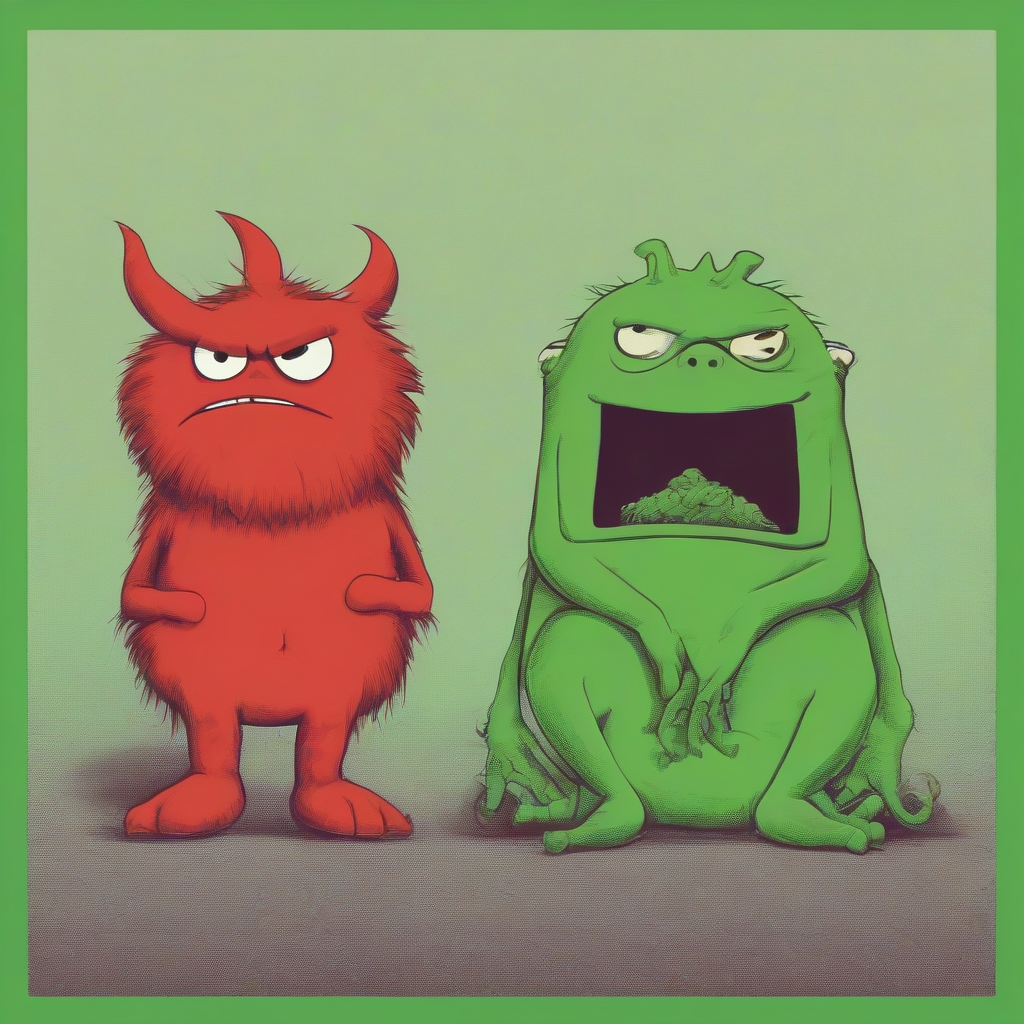 a red creature is grumpy and a green creature sits offended next to it by मुफ्त एआई छवि जनरेटर - बिना लॉगिन के✨ | AIGAZOU