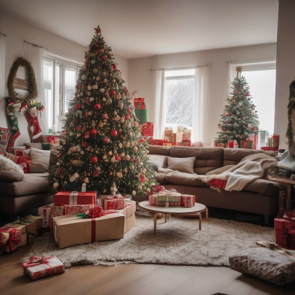 a christmas themed living room with a tree and gifts by मुफ्त एआई छवि जनरेटर - बिना लॉगिन के✨ | AIGAZOU