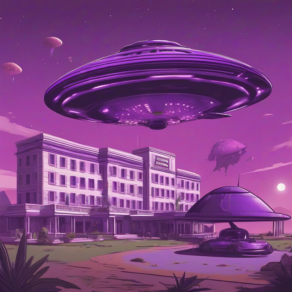 a purple hotel with aliens and flying ufo by Générateur d'images par IA gratuit - Aucune connexion nécessaire✨ | AIGAZOU