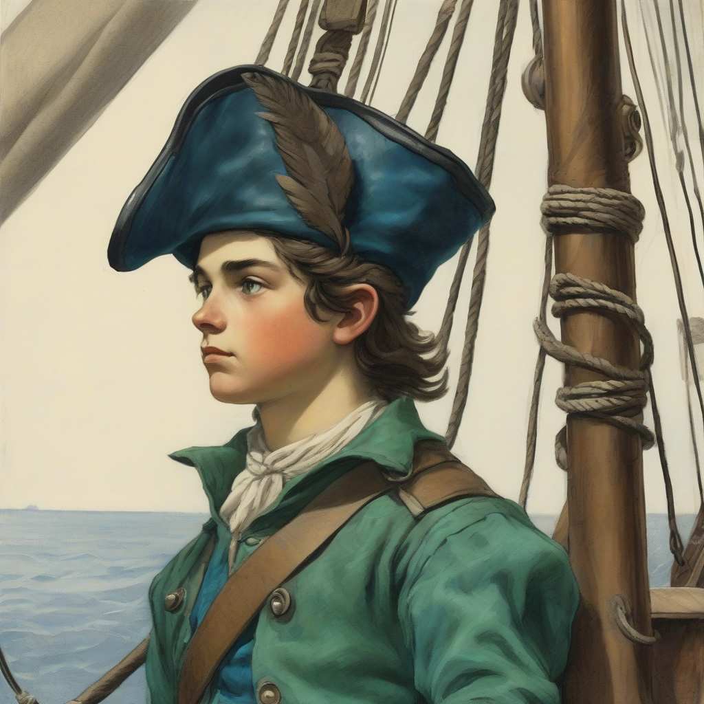 young man in crow s nest of old sailboat wearing blue green tunic feathered leather hat and narrow face by मुफ्त एआई छवि जनरेटर - बिना लॉगिन के✨ | AIGAZOU