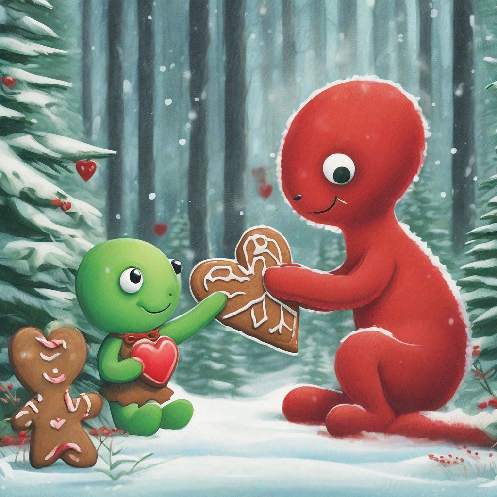 in a snowy fir forest a red creature gives a green creature a gingerbread heart as an apology by मुफ्त एआई छवि जनरेटर - बिना लॉगिन के✨ | AIGAZOU