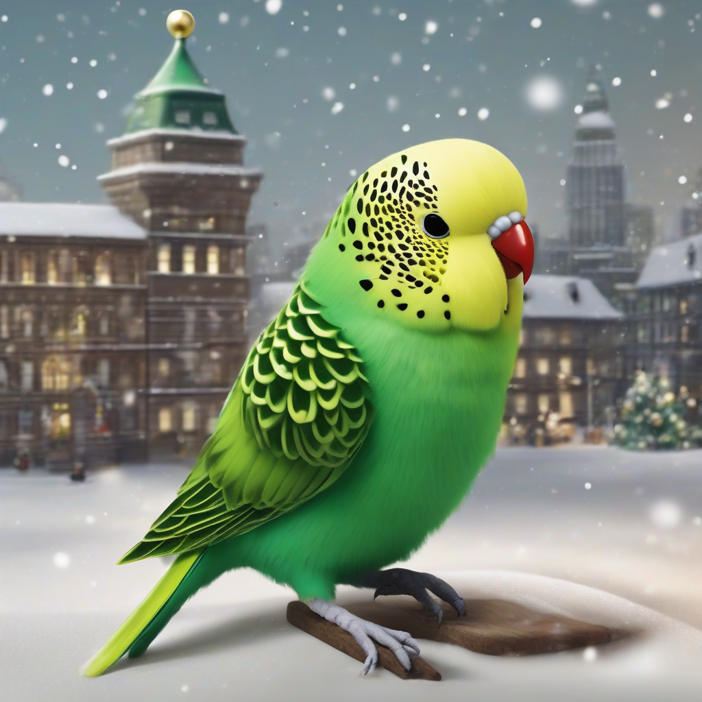 green budgie with santa hat in snowy city by मुफ्त एआई छवि जनरेटर - बिना लॉगिन के✨ | AIGAZOU