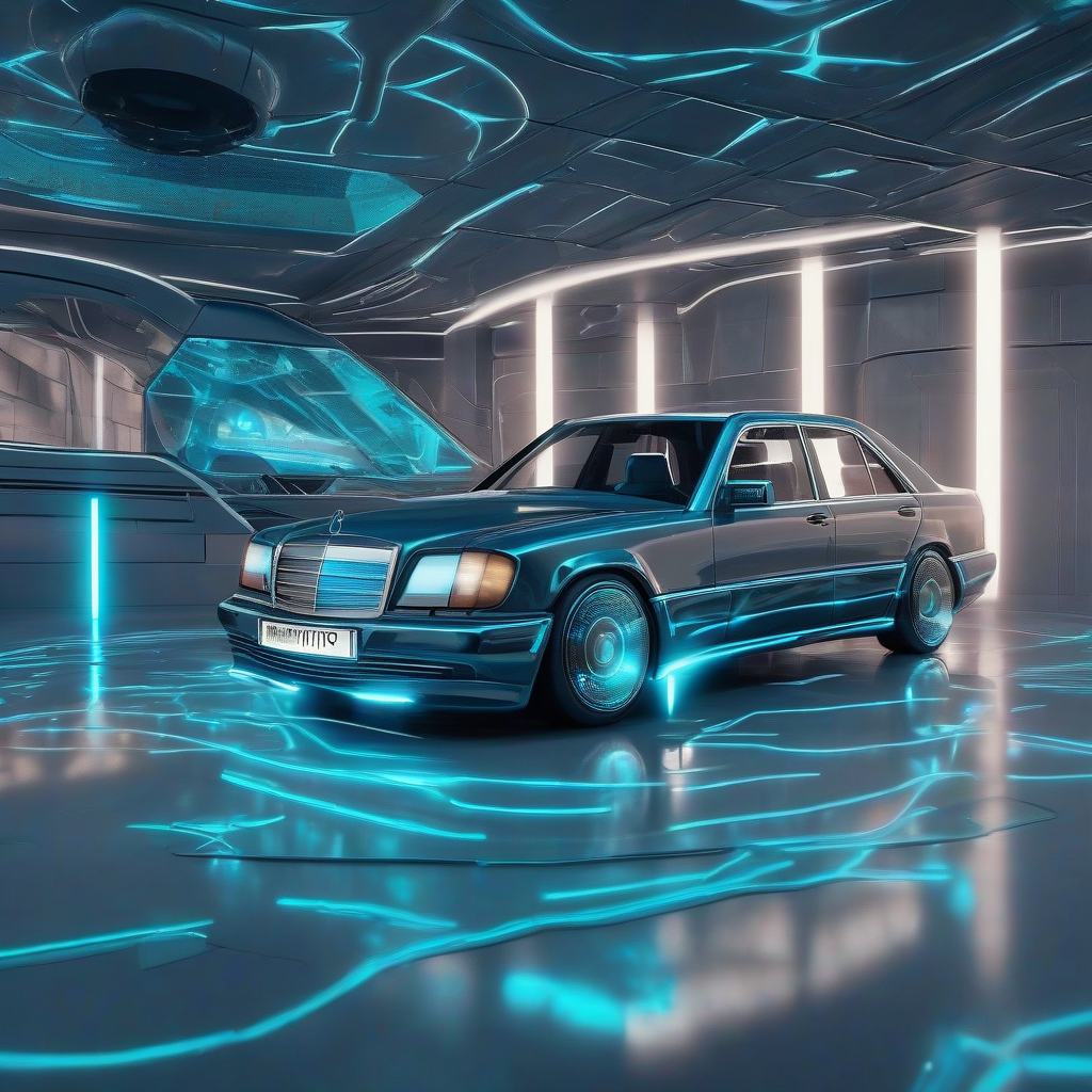 mix mercedes w124 230e futuristic spaceship cyan lighting by मुफ्त एआई छवि जनरेटर - बिना लॉगिन के✨ | AIGAZOU