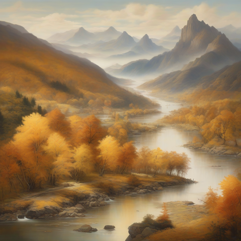 a vast natural landscape with mountains and river in golden autumn by मुफ्त एआई छवि जनरेटर - बिना लॉगिन के✨ | AIGAZOU