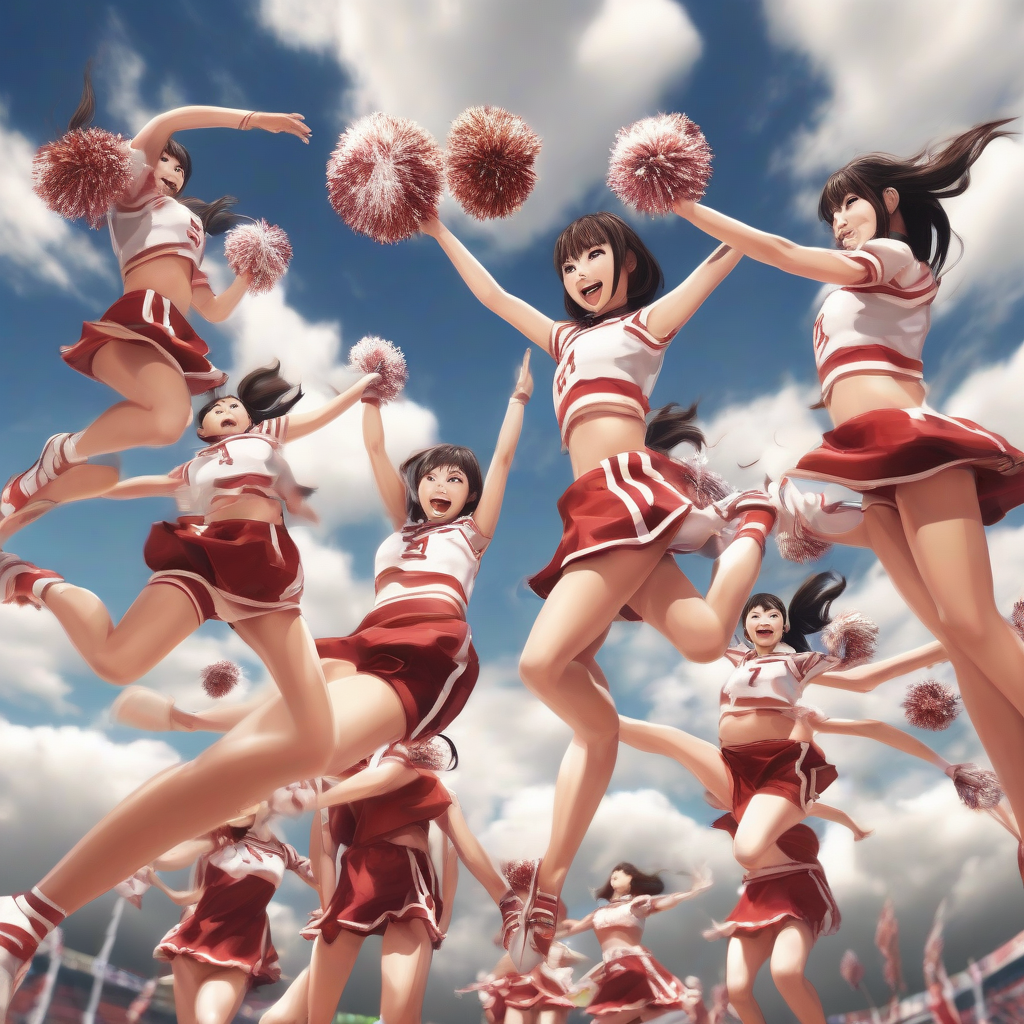 japanese cheer girls in the air with pompoms by मुफ्त एआई छवि जनरेटर - बिना लॉगिन के✨ | AIGAZOU