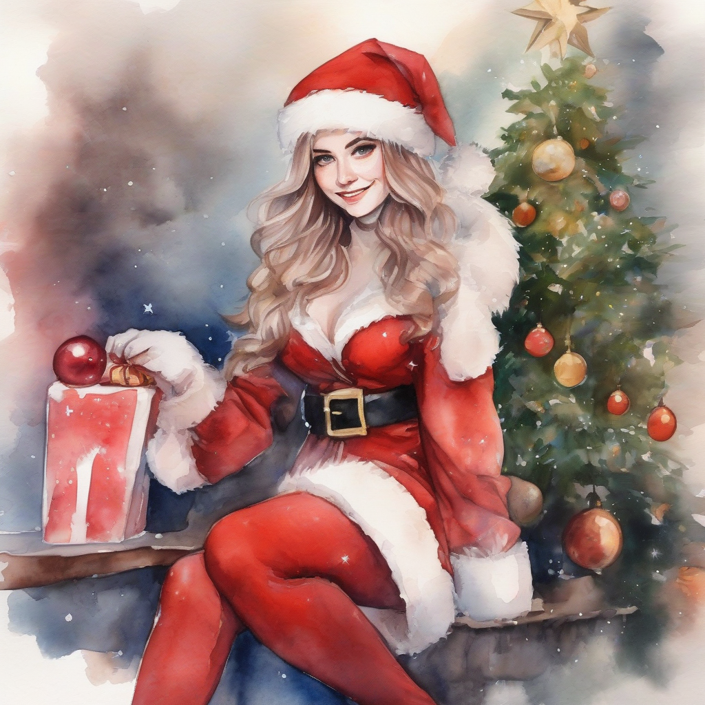 santa costume beautiful woman watercolor painting by मुफ्त एआई छवि जनरेटर - बिना लॉगिन के✨ | AIGAZOU