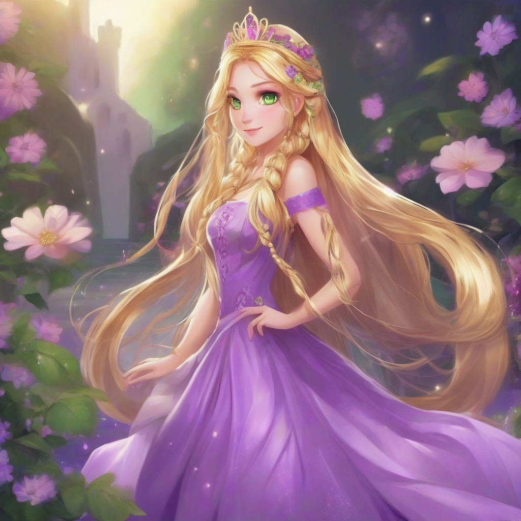 princess long golden hair braided hair purple dress sparkling green eyes by मुफ्त एआई छवि जनरेटर - बिना लॉगिन के✨ | AIGAZOU