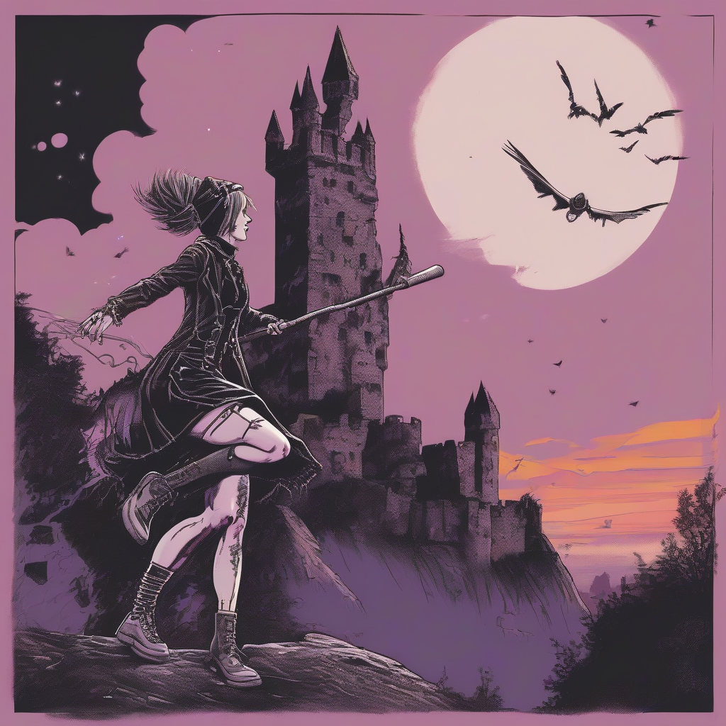 a punk witch in punk outfit flies over a castle ruin at dusk by मुफ्त एआई छवि जनरेटर - बिना लॉगिन के✨ | AIGAZOU