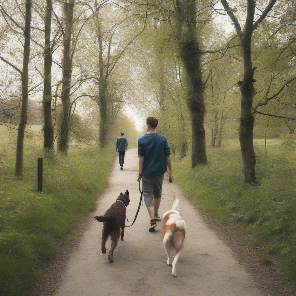 two young men walk on a forked path with a free running dog by मुफ्त एआई छवि जनरेटर - बिना लॉगिन के✨ | AIGAZOU