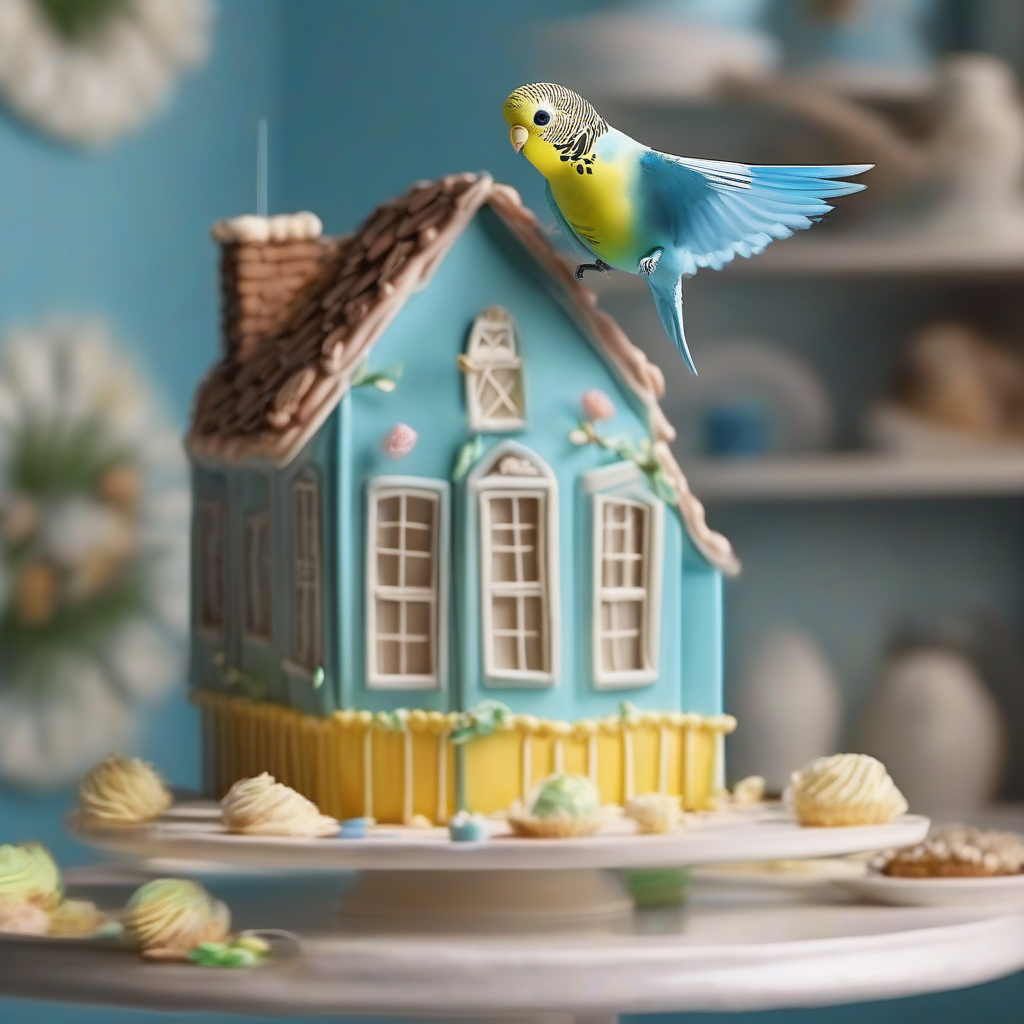 flying budgie over small house cake approaching by मुफ्त एआई छवि जनरेटर - बिना लॉगिन के✨ | AIGAZOU