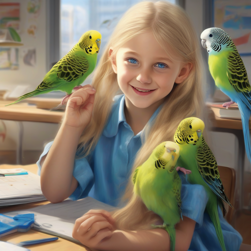 a girl in an office with two budgies by मुफ्त एआई छवि जनरेटर - बिना लॉगिन के✨ | AIGAZOU