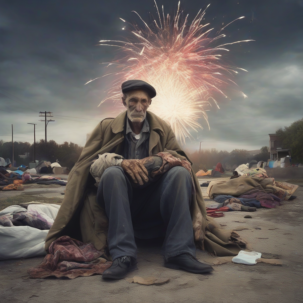 man homeless torn clothing trench fireworks sky by Générateur d'images par IA gratuit - Aucune connexion nécessaire✨ | AIGAZOU