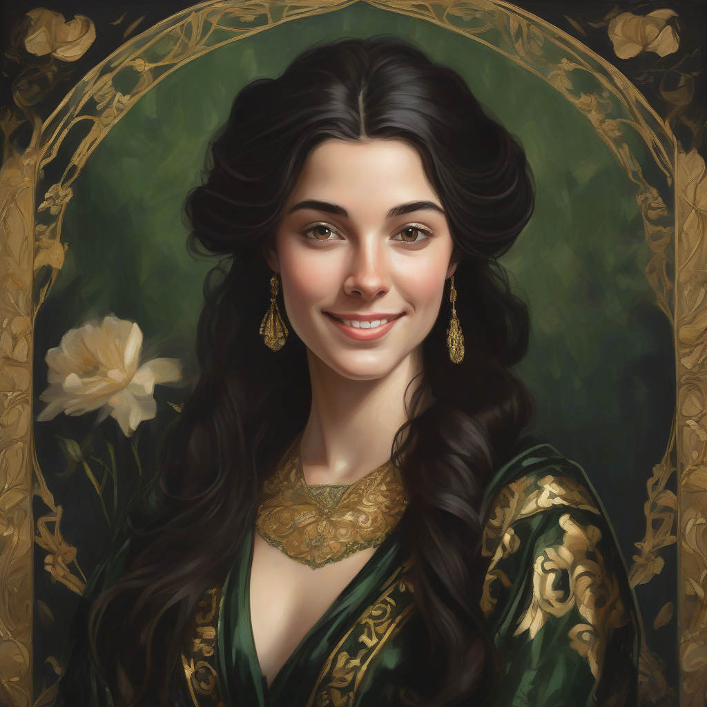 portrait of a 25 year old noble smiling dark haired wise woman with dark complexion in royal green dress and by मुफ्त एआई छवि जनरेटर - बिना लॉगिन के✨ | AIGAZOU