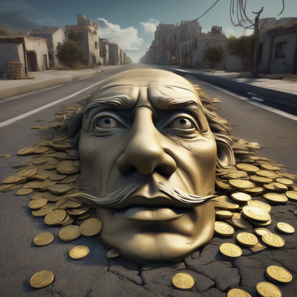 face of dali on road gold coins post apocalyptic city by 免费AI图像生成工具 | AIGAZOU