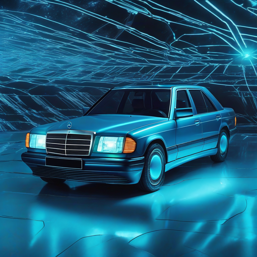 cyber futuristic mercedes w124 230e with cyan blue lighting in space with nudist athlete by मुफ्त एआई छवि जनरेटर - बिना लॉगिन के✨ | AIGAZOU