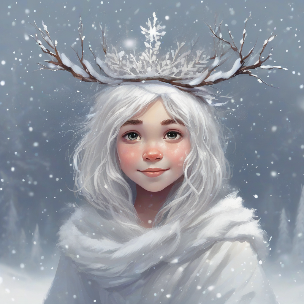 small young smiling winter spirit with a cloak of glittering snow and a crown of branches by मुफ्त एआई छवि जनरेटर - बिना लॉगिन के✨ | AIGAZOU