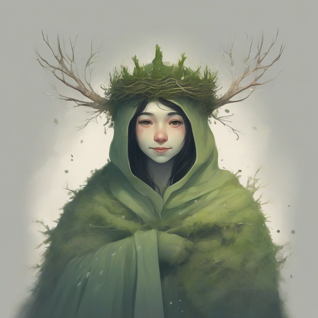 small young smiling winter spirit wearing a moss cloak and a crown of branches by मुफ्त एआई छवि जनरेटर - बिना लॉगिन के✨ | AIGAZOU