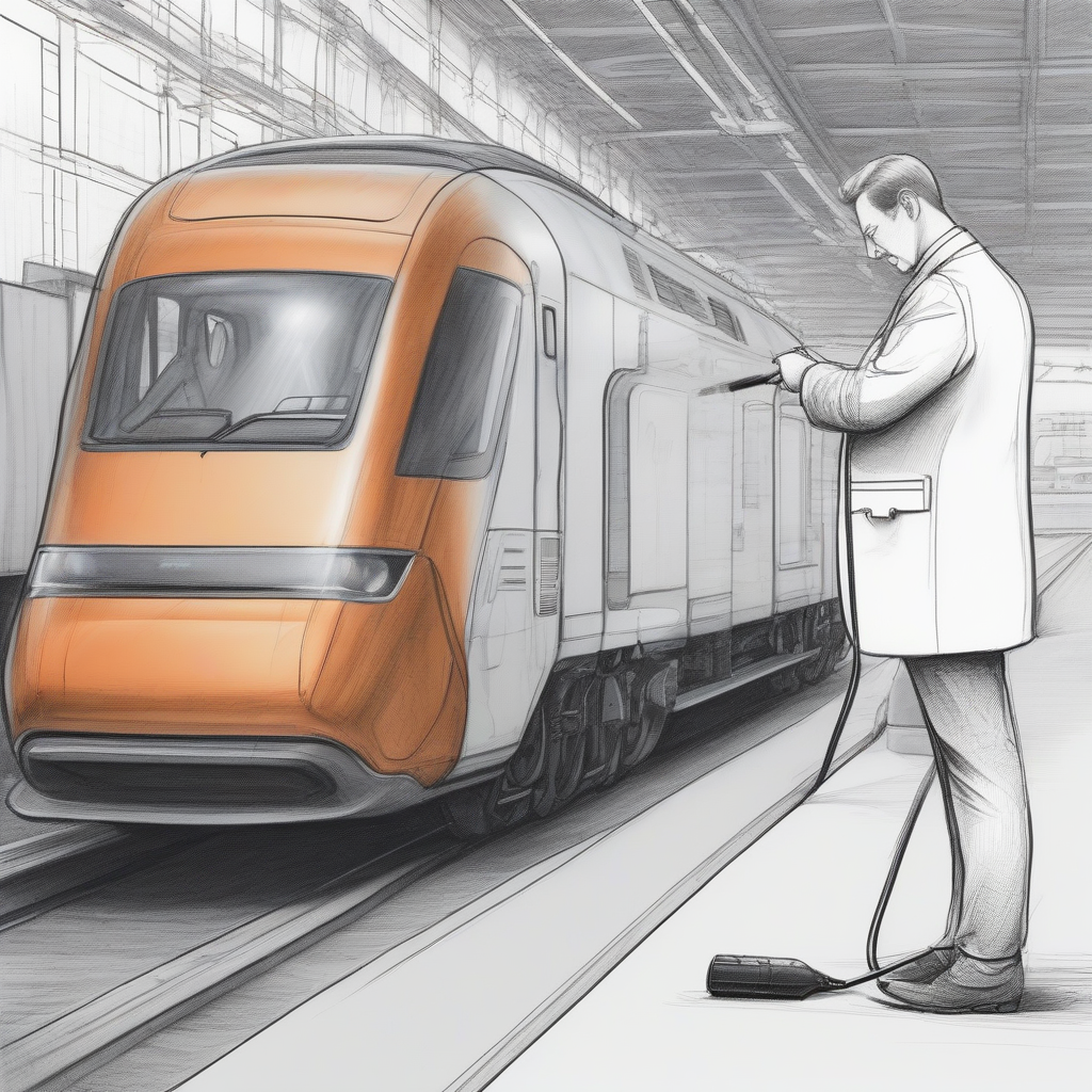 inspector checks electric car next to modern electric locomotive between charging station during charging process with pencil sketch by मुफ्त एआई छवि जनरेटर - बिना लॉगिन के✨ | AIGAZOU