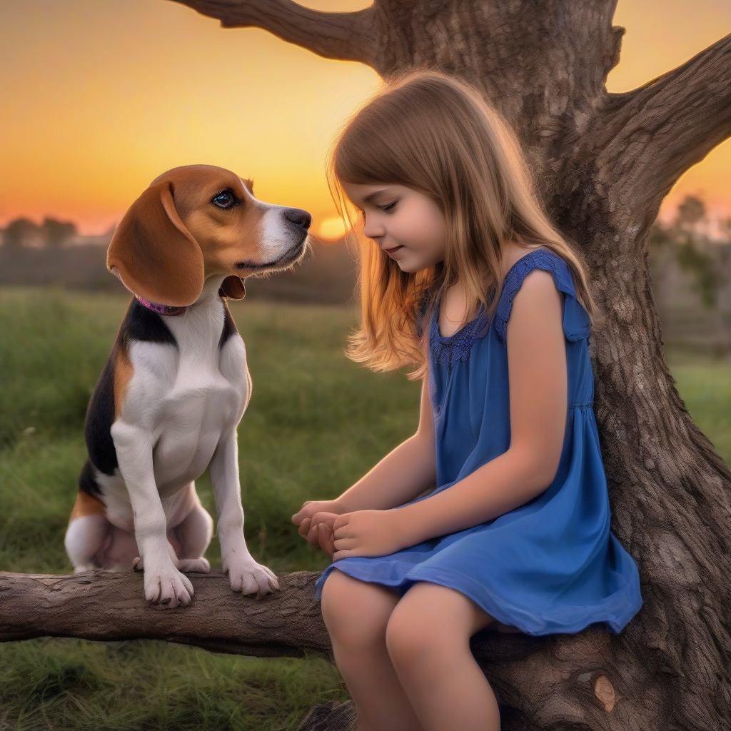 small beagle sitting on a log with an 11 year old girl by मुफ्त एआई छवि जनरेटर - बिना लॉगिन के✨ | AIGAZOU