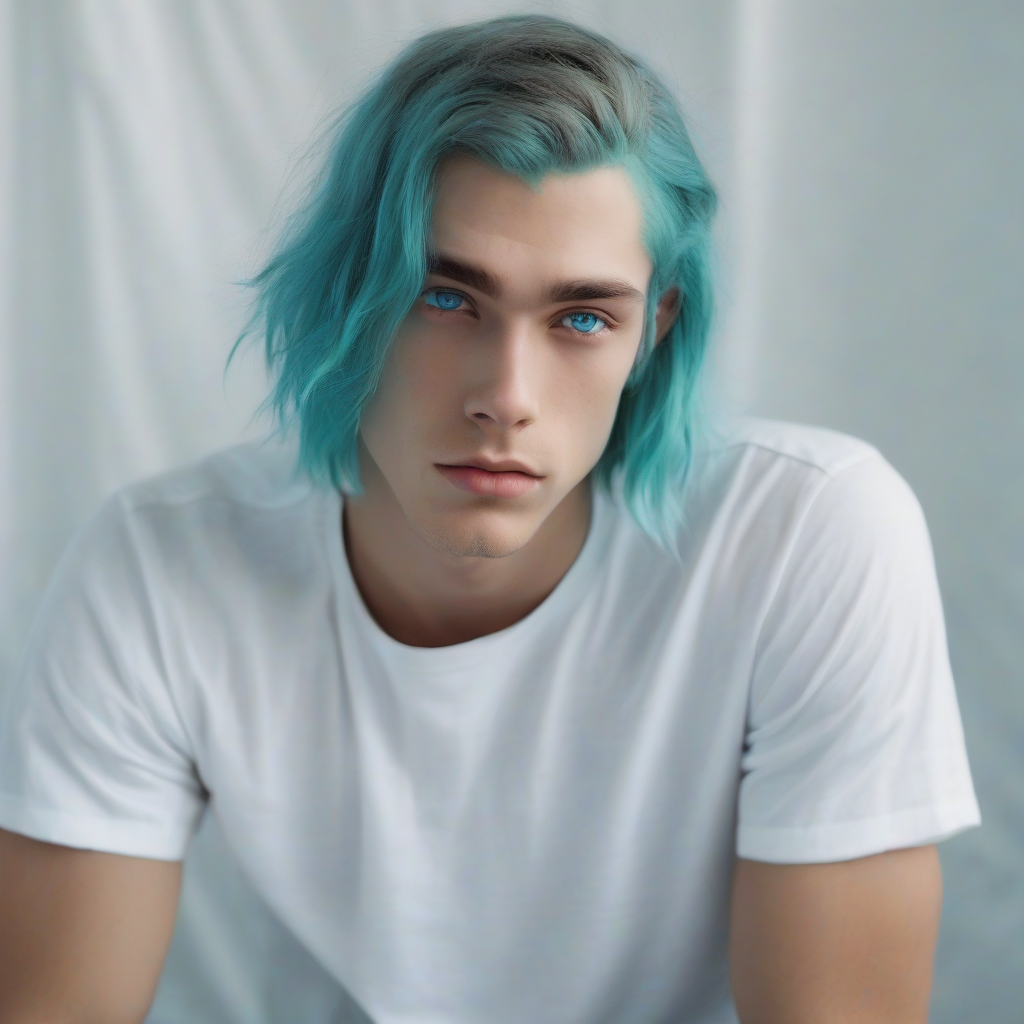 a blue eyed man with aqua bob hair in a white shirt by मुफ्त एआई छवि जनरेटर - बिना लॉगिन के✨ | AIGAZOU