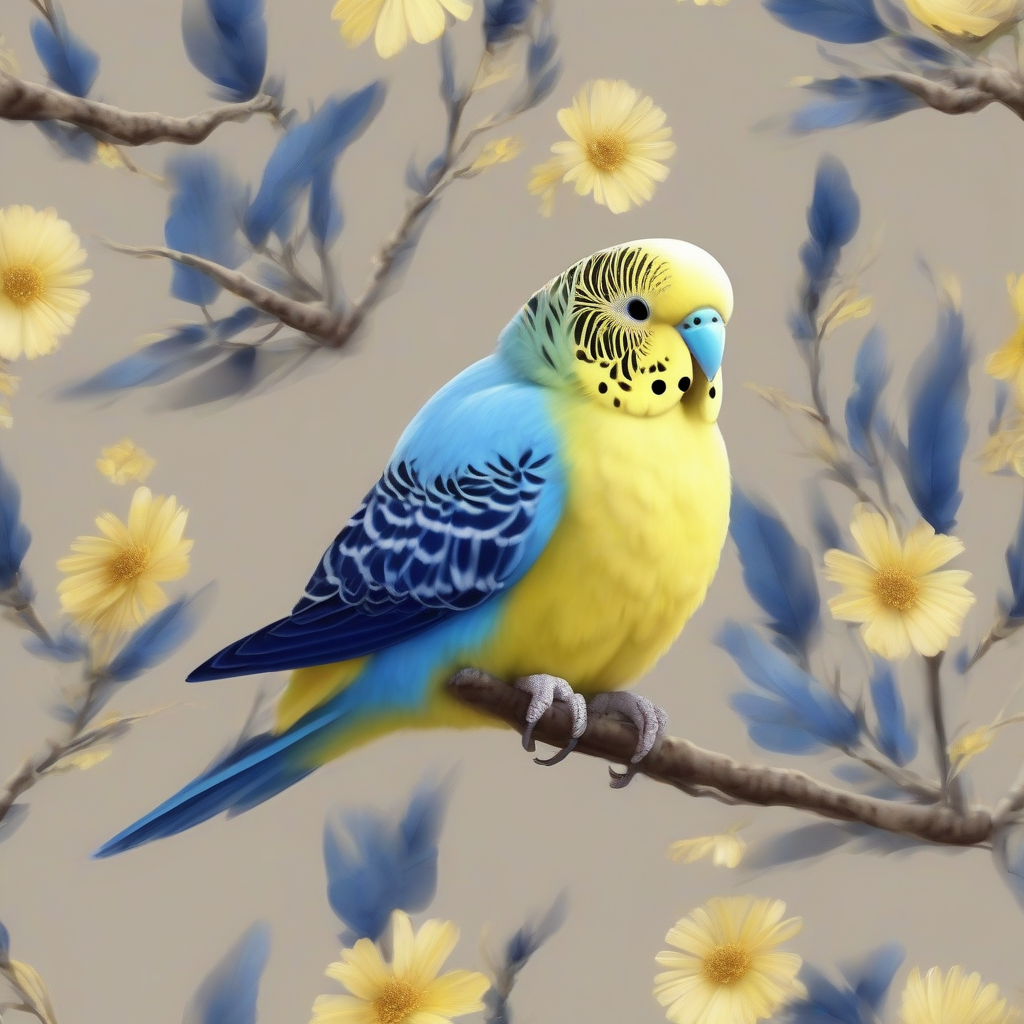 narrow blue budgie with dark blue beak yellow head sitting on brown branch spring sunshine by मुफ्त एआई छवि जनरेटर - बिना लॉगिन के✨ | AIGAZOU