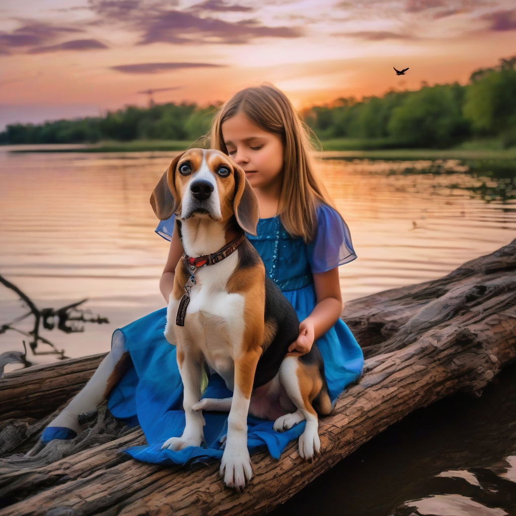 small beagle sits on log with girl by मुफ्त एआई छवि जनरेटर - बिना लॉगिन के✨ | AIGAZOU