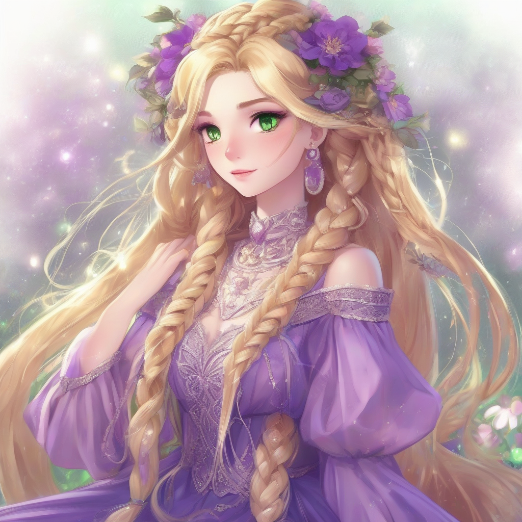 princess long golden braided hair purple dress sparkling green eyes by मुफ्त एआई छवि जनरेटर - बिना लॉगिन के✨ | AIGAZOU