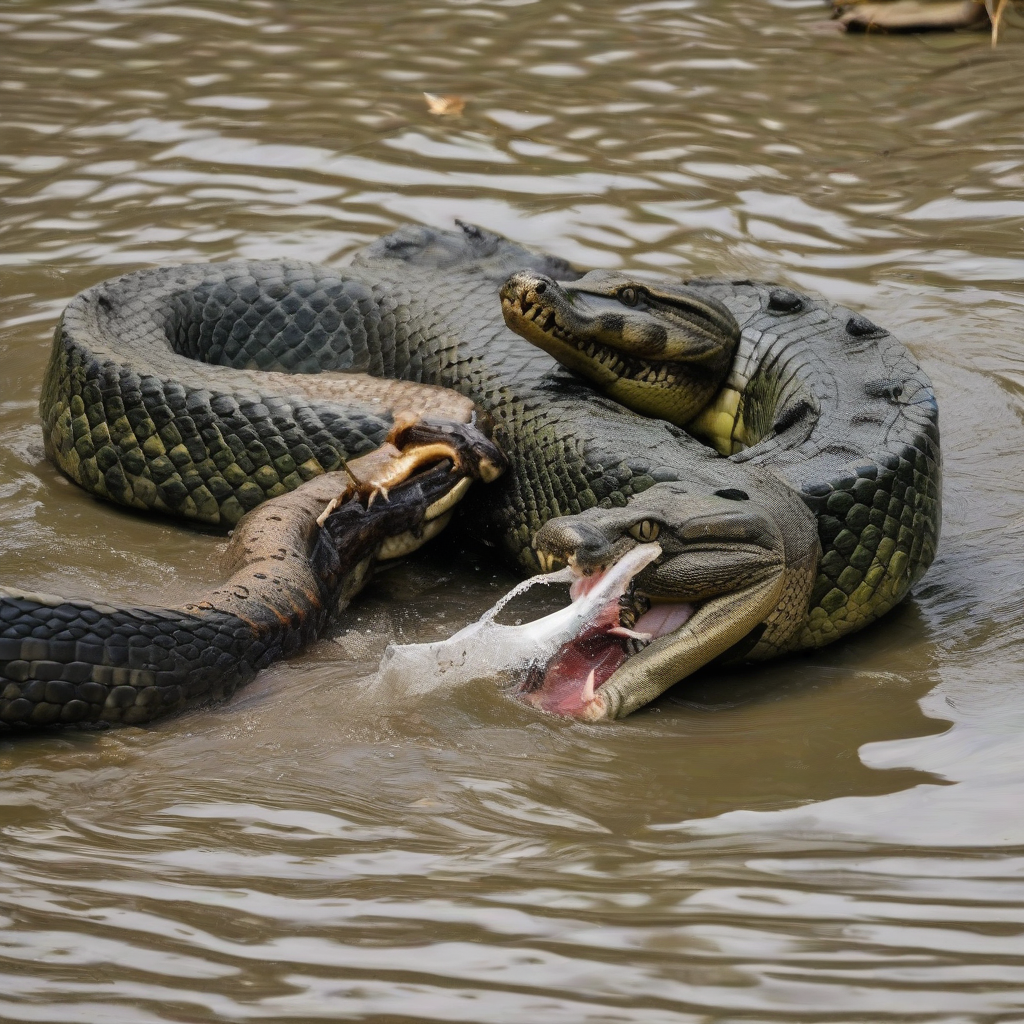 anaconda fights alligator by मुफ्त एआई छवि जनरेटर - बिना लॉगिन के✨ | AIGAZOU