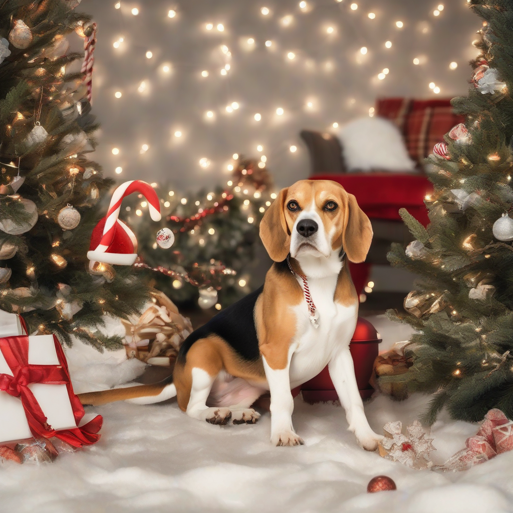 a sweet beagle under a decorated tree with gifts and lights by मुफ्त एआई छवि जनरेटर - बिना लॉगिन के✨ | AIGAZOU