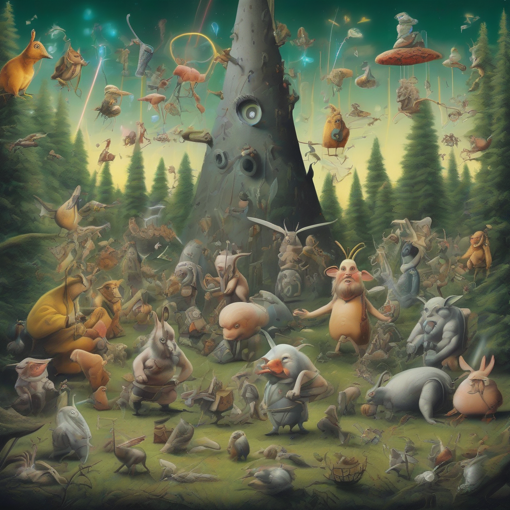 surreal dali style image animals dwarfs techno festival woods by मुफ्त एआई छवि जनरेटर - बिना लॉगिन के✨ | AIGAZOU