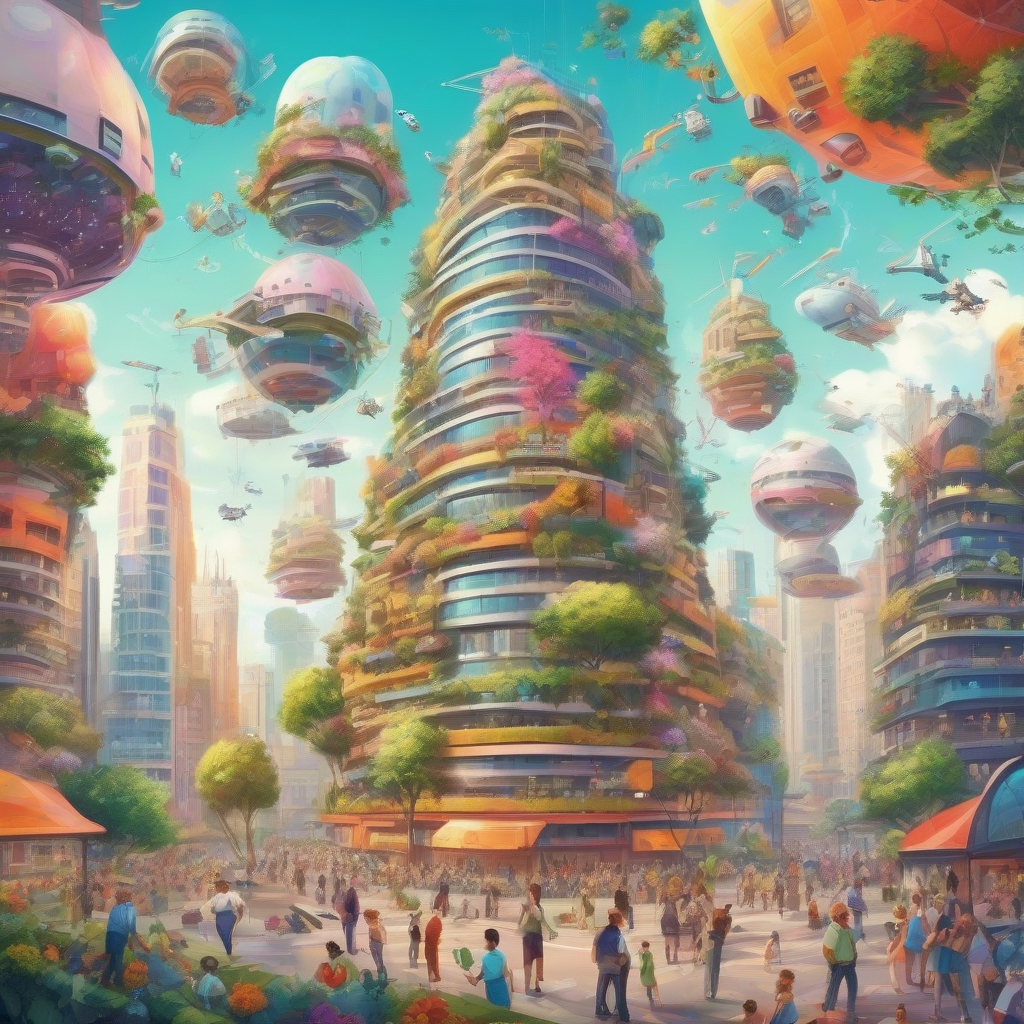 future society flying people drones diverse bright colors floating buildings smiling world joyful nature science coexistence by मुफ्त एआई छवि जनरेटर - बिना लॉगिन के✨ | AIGAZOU