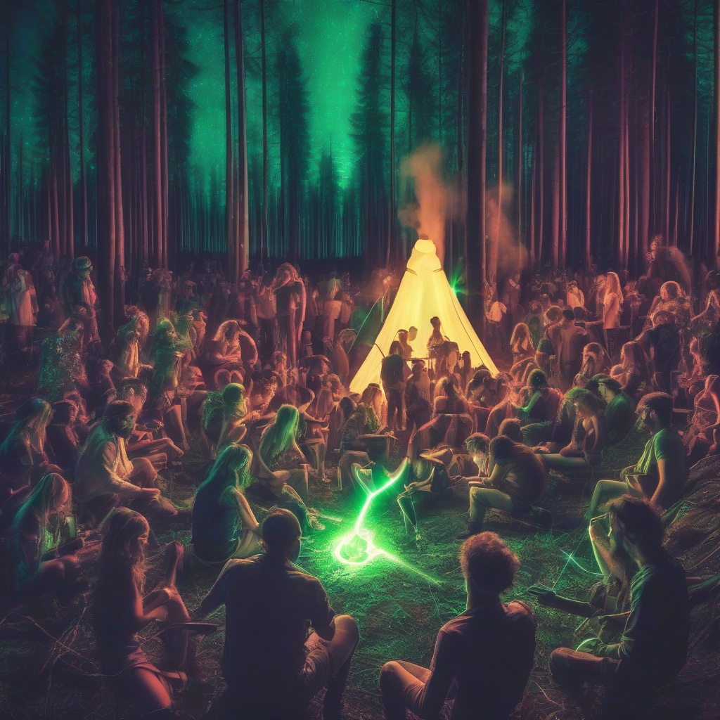 surreal image forest dwellers techno party laser show campfire by मुफ्त एआई छवि जनरेटर - बिना लॉगिन के✨ | AIGAZOU