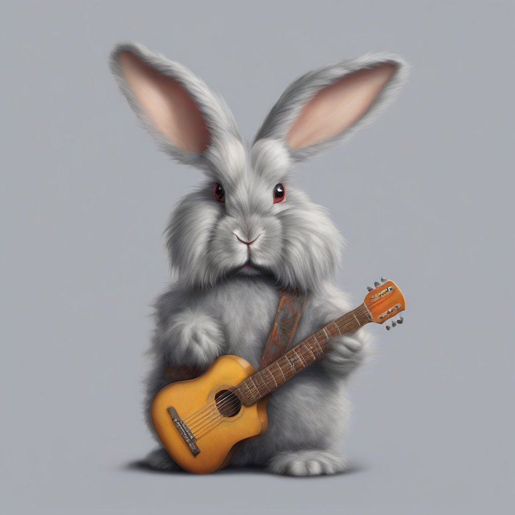 gray angora rabbit with droopy ears guitar rock look by मुफ्त एआई छवि जनरेटर - बिना लॉगिन के✨ | AIGAZOU