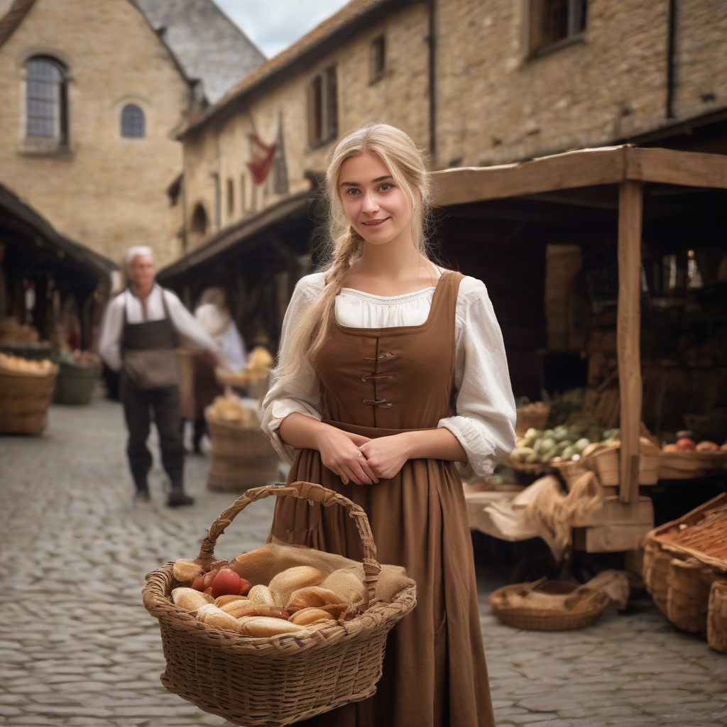 young woman brown dress apron basket blonde hair medieval market by मुफ्त एआई छवि जनरेटर - बिना लॉगिन के✨ | AIGAZOU