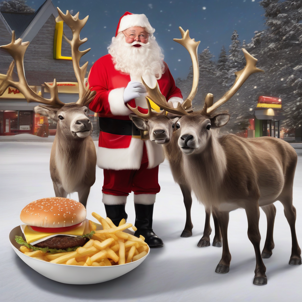 santa claus at mcdonalds with reindeer fries and burger by मुफ्त एआई छवि जनरेटर - बिना लॉगिन के✨ | AIGAZOU