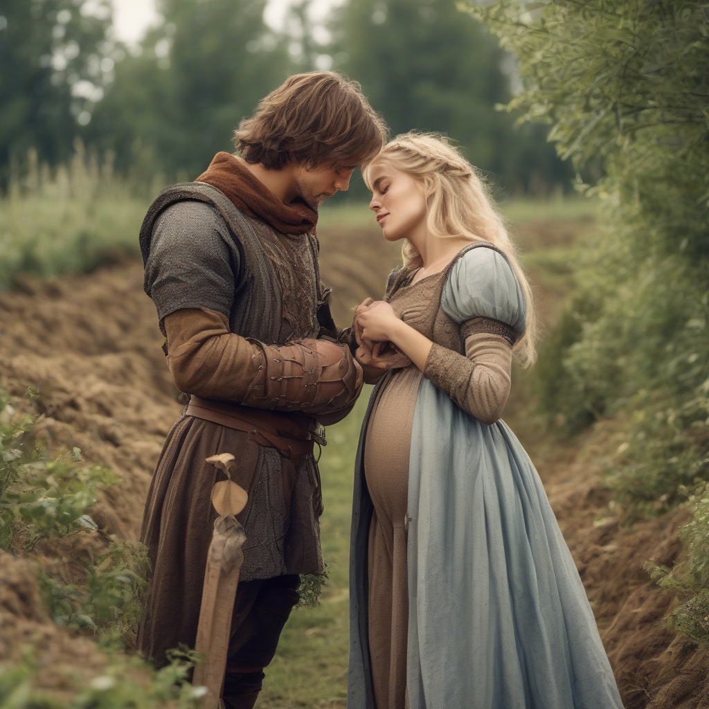 muscular man kisses pregnant blonde woman in medieval clothing by मुफ्त एआई छवि जनरेटर - बिना लॉगिन के✨ | AIGAZOU