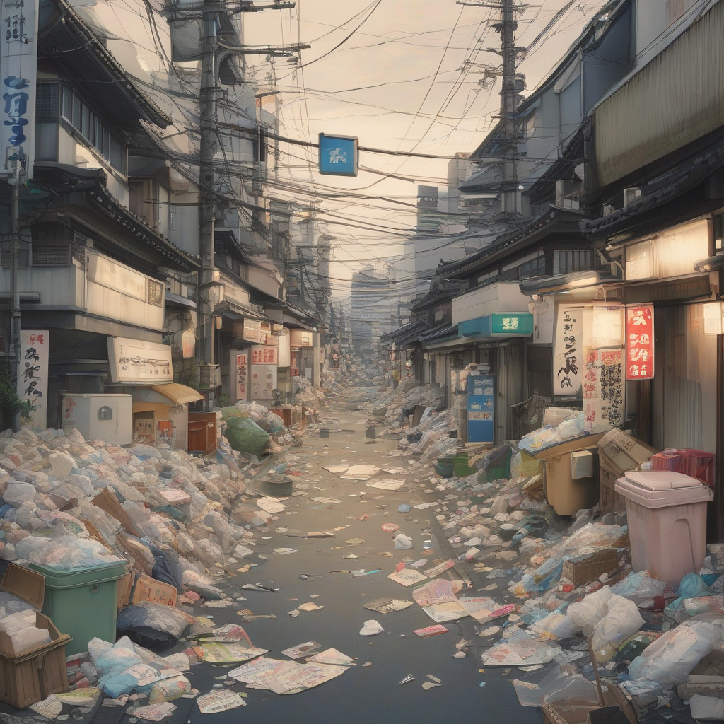 scattered garbage in modern japanese streets by Générateur d'images par IA gratuit - Aucune connexion nécessaire✨ | AIGAZOU