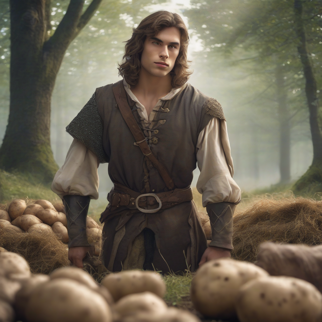 young muscular man with curly brown hair and medieval clothing on a small potato field by the forest edge by मुफ्त एआई छवि जनरेटर - बिना लॉगिन के✨ | AIGAZOU