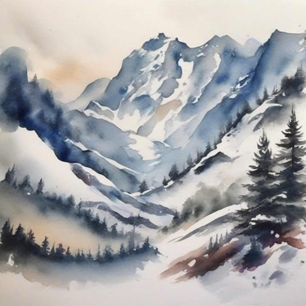 snow mountain watercolor painting by मुफ्त एआई छवि जनरेटर - बिना लॉगिन के✨ | AIGAZOU